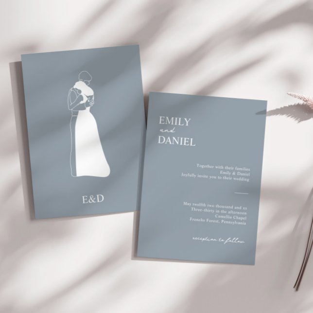 Dusty blue modern Hand Drawn Couple Wedding Invitation (Creator Uploaded)
