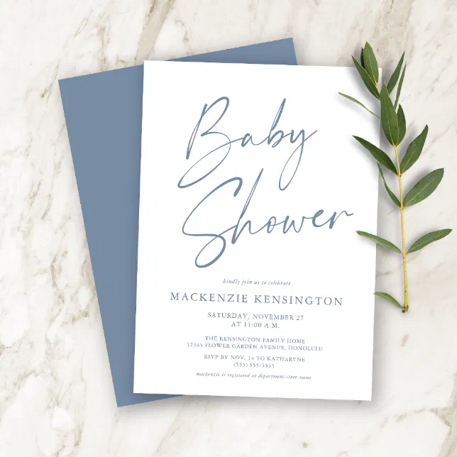 Dusty Blue Modern Handwritten Script Baby Shower Invitation | Zazzle