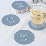 Dusty Blue | Modern Handwritten Script Wedding Round Paper Coaster<br><div class="desc">Designed to match our Modern Handwritten Script wedding invitations. A beautiful typography based design with a minimalist feel,  featuring your names in modern handwritten script. Colorway: Dusty Blue,  a muted medium blue.</div>