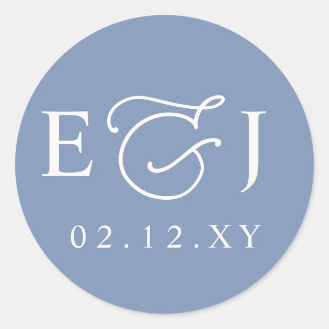 Dusty Blue Modern Initials Monogram Wedding Classic Round Sticker (Front)