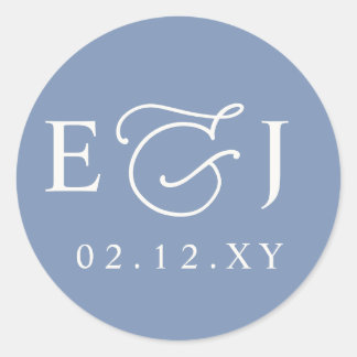 Dusty Blue Modern Initials Monogram Wedding Classic Round Sticker