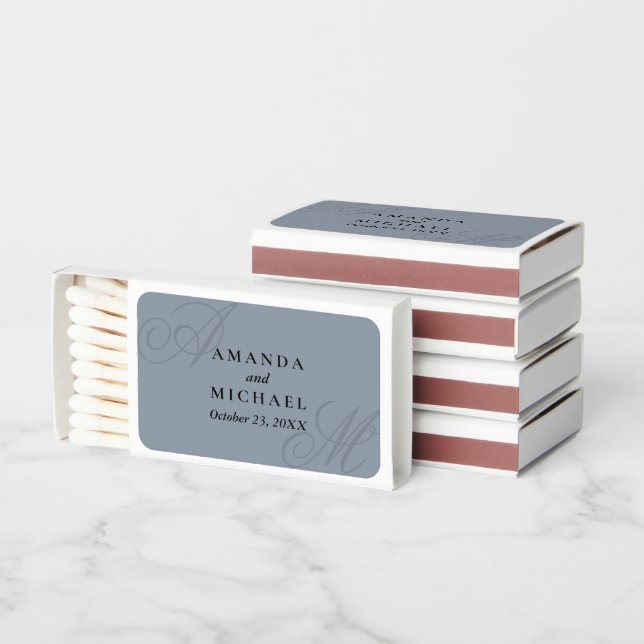Dusty Blue Modern Minimal Elegant Monogram Wedding Matchboxes (Stacked)