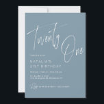 Dusty Blue | Modern Minimal Script 21st Birthday Invitation<br><div class="desc">Simple 21st birthday party invitations with brush script accents. Soft blue-gray color with white font.</div>