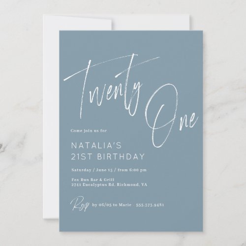 Dusty Blue  Modern Minimal Script 21st Birthday Invitation
