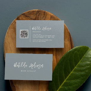 Dusty blue modern minimal script QR CODE Business Card