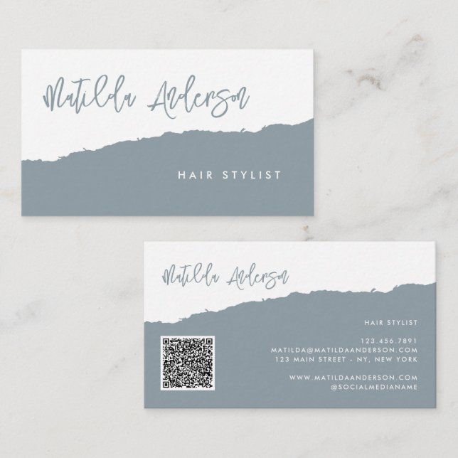 Dusty blue modern minimal script QR CODE Business Card (Front/Back)
