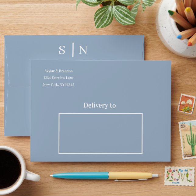 Dusty Blue Modern Minimal Wedding Envelope (Desk)