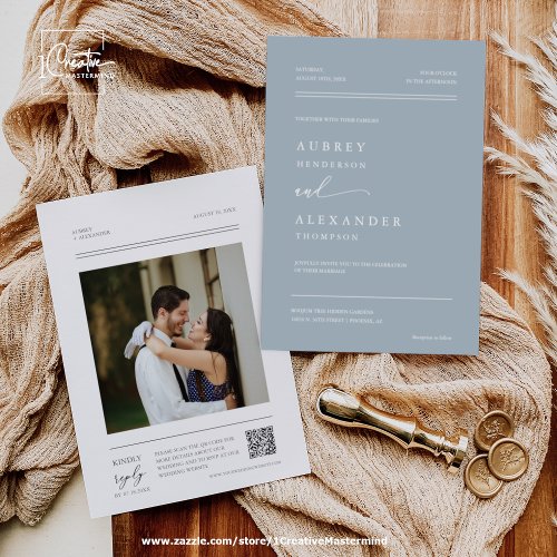 Dusty Blue Modern Minimal Wedding QR Code Photo In Invitation