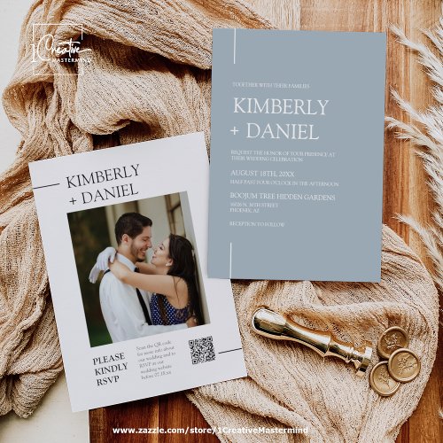 Dusty Blue Modern Minimal Wedding QR Code Photo Invitation