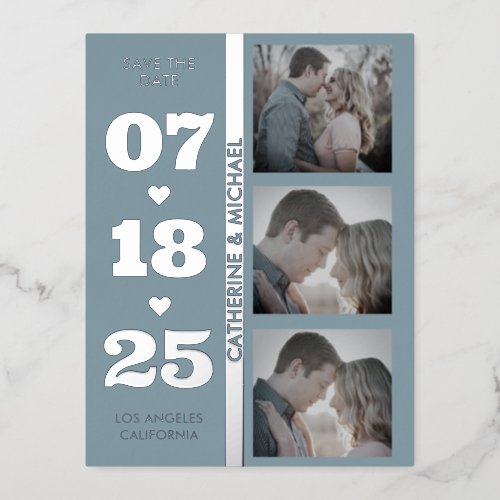 Dusty Blue Modern Minimalist Bold Date Three Photo Foil Holiday Postcard