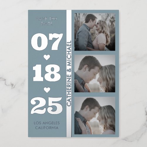 Dusty Blue Modern Minimalist Bold Date Three Photo Foil Invitation