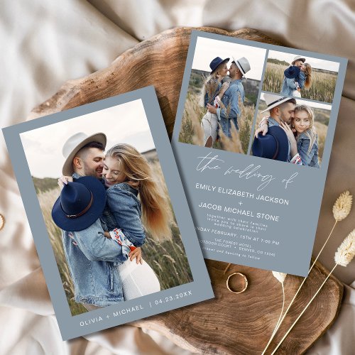 Dusty Blue Modern Minimalist Elegant Photo Wedding Invitation