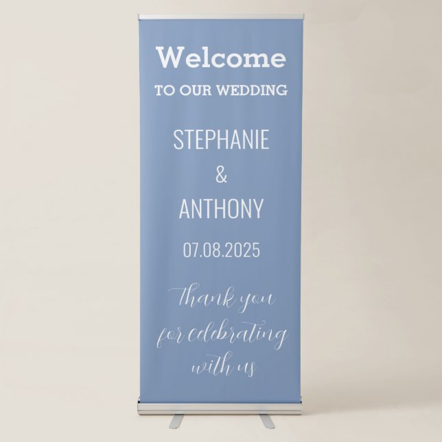 Dusty Blue Modern Minimalist Elegant Wedding Retractable Banner (Front)