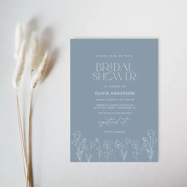 Dusty Blue Modern Minimalist Floral Bridal Shower Invitation Zazzle