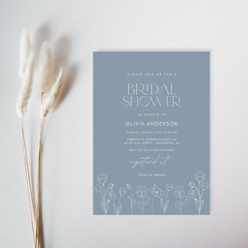 Dusty Blue Modern Minimalist Floral Bridal Shower Invitation