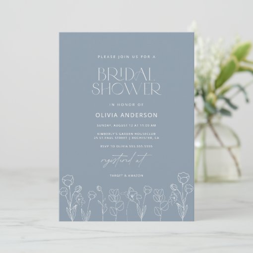 Dusty Blue Modern Minimalist Floral Bridal Shower Invitation Zazzle