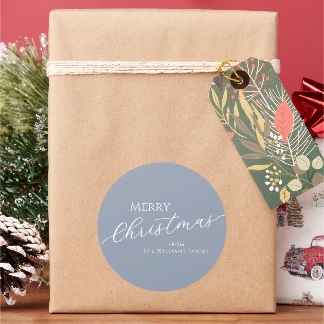 Dusty Blue Modern Minimalist Merry Christmas Classic Round Sticker (Holiday)