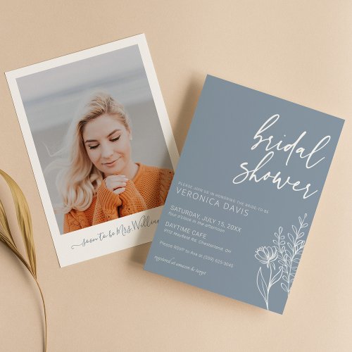 Dusty Blue Modern Minimalist Photo Bridal Shower Invitation