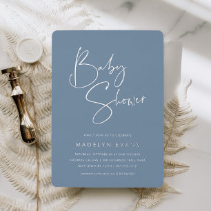 Dusty Blue Modern Minimalist Script Baby Shower Foil Invitation
