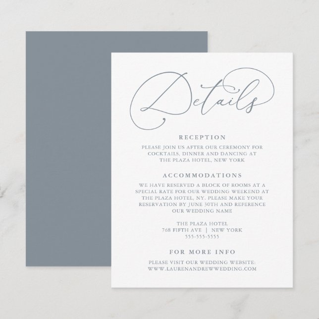 Dusty Blue Modern Minimalist Wedding Details Enclosure Card (Front/Back)