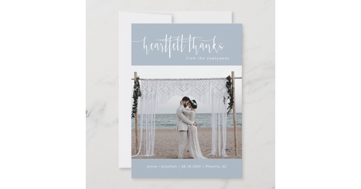 Dusty Blue Modern Minimalist Wedding Photo Flat Thank You Card | Zazzle