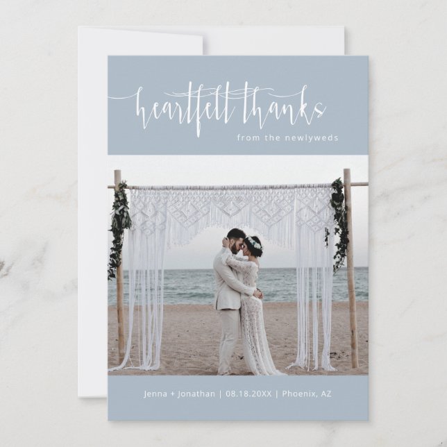 Dusty Blue Modern Minimalist Wedding Photo Flat Thank You Card (Front)