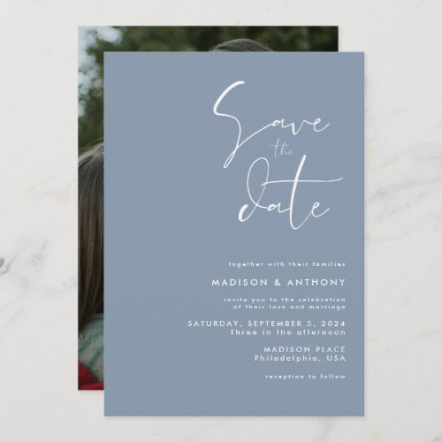 Dusty Blue Modern Minimalist Wedding Photo Invitation