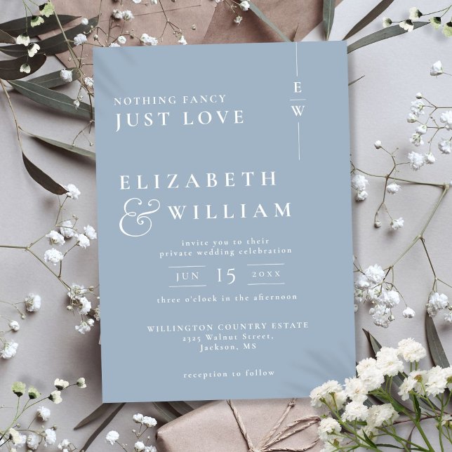 Dusty Blue Modern Monogram Intimate Wedding Invitation (Creator Uploaded)