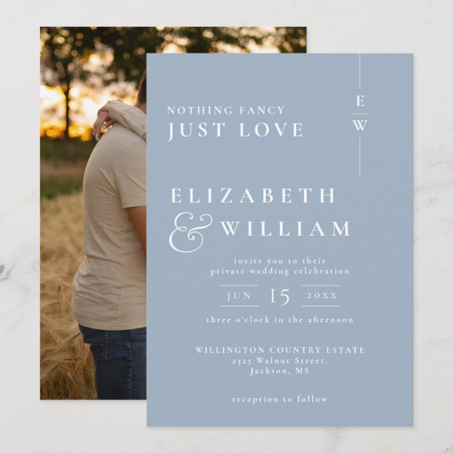 Dusty Blue Modern Monogram Intimate Wedding Photo Invitation (Front/Back)