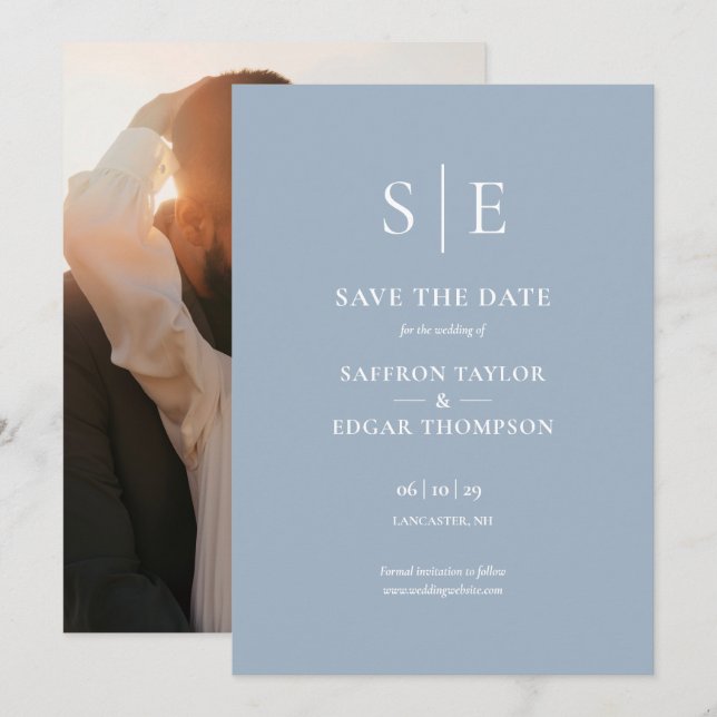 Dusty Blue Modern Monogram Photo Wedding Save The Date (Front/Back)