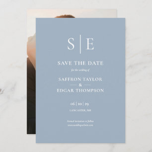 Dusty Blue Modern Monogram Photo Wedding Save The Date