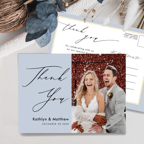 Dusty Blue Modern Photo Chic Wedding Thank You Postcard