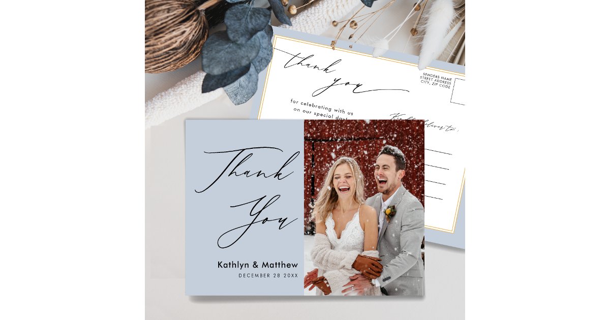 Dusty Blue Modern Photo Chic Wedding Thank You Postcard | Zazzle