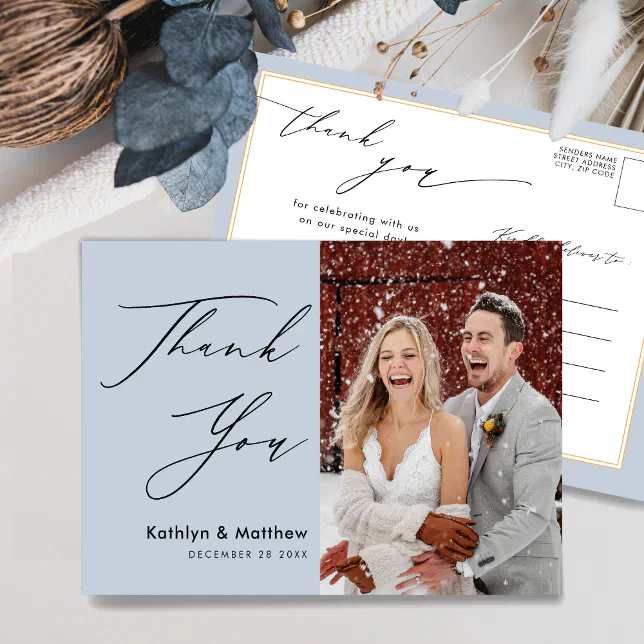Dusty Blue Modern Photo Chic Wedding Thank You Postcard | Zazzle