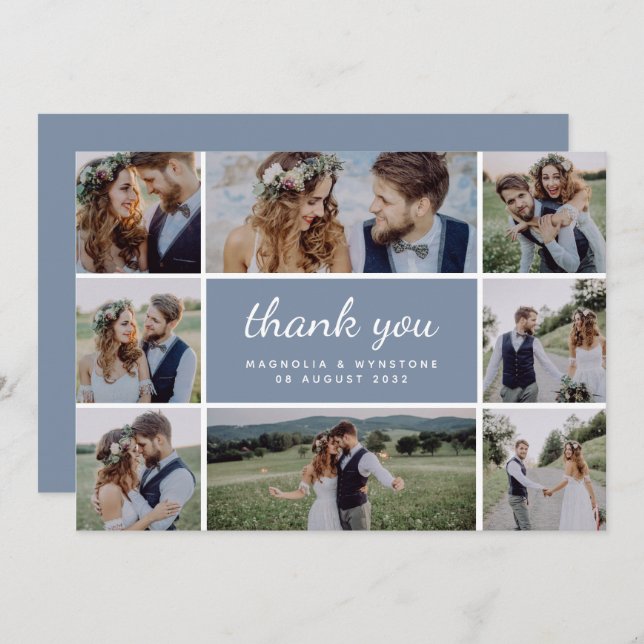 Dusty Blue Modern Photo Collage Wedding  Thank You Card (Front/Back)