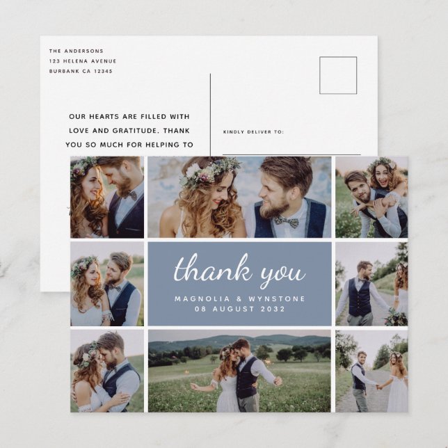 Dusty Blue Modern Photo Collage Wedding  Thank You Postcard (Front/Back)