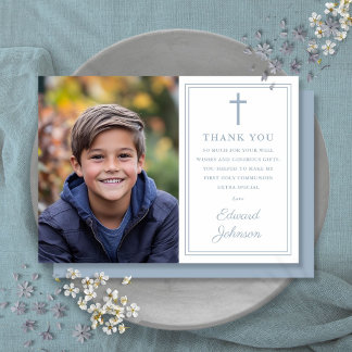Dusty Blue Modern Photo First Holy Communion Thank You Card
