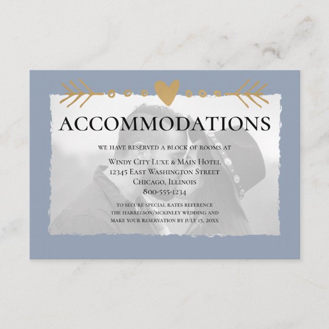 Dusty Blue Modern Photo Gold Hearts Accommodations Enclosure Card (Front)