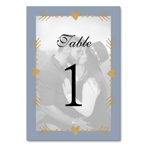 Dusty Blue Modern Photo Gold Hearts Table Number