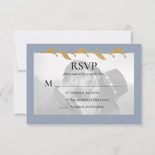 Dusty Blue Modern Photo Gold Leaves RSVP Card (Front)