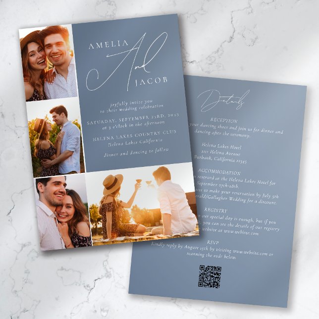 Dusty Blue Modern Photo QR Code All in One Wedding Invitation (Creator Uploaded)