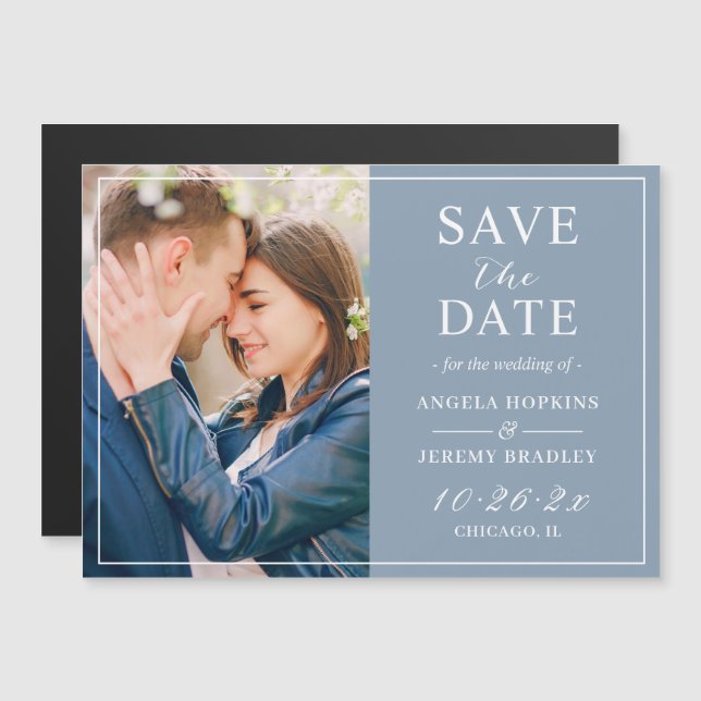 Dusty Blue Modern Photo Save the Date Magnet (Front/Back)