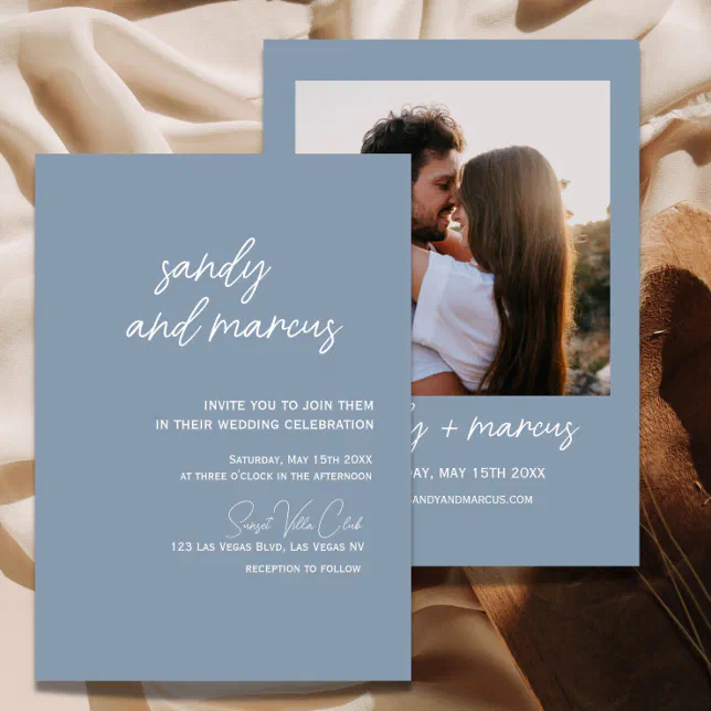 Dusty Blue Modern Photo Wedding Invitation Zazzle