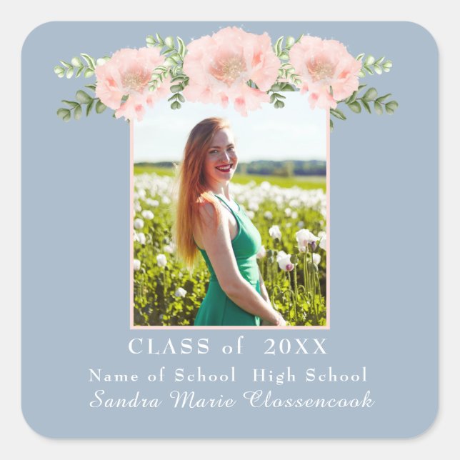 Dusty Blue Modern, Pink Flower floral graduation A Square Sticker (Front)