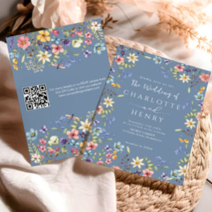 Dusty Blue Modern QR Code Wildflower Wedding  Invitation