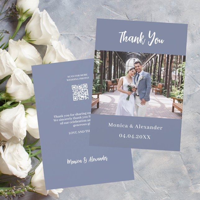 Dusty blue modern QR wedding photo thank you card (Creator Uploaded)