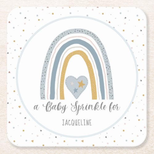 Dusty Blue Modern Rainbow Gold Boy Baby Sprinkle Square Paper Coaster