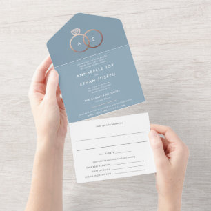 Dusty Blue Modern Rose Gold Rings Wedding All In One Invitation