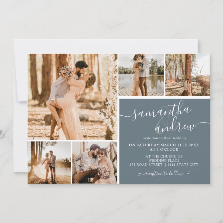 Dusty Blue Modern Script 6 Photos Wedding Invitation Zazzle