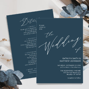 Dusty Blue Modern Script All In One Simple Wedding Invitation